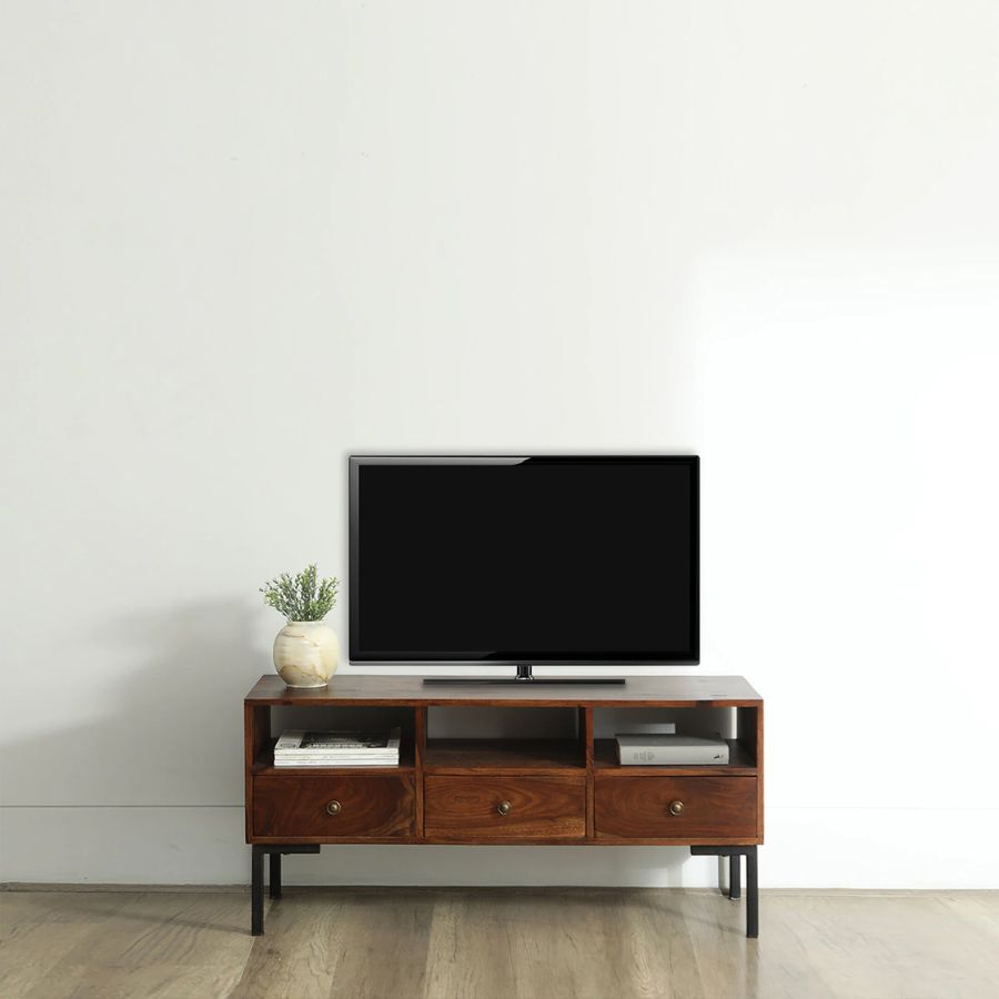 Jhalamand Sheesham Wood TV Console In Rustic Teak Finish For TVs Up To 43"