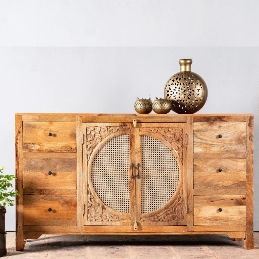 Solid Wood Natural Cane Sideboard