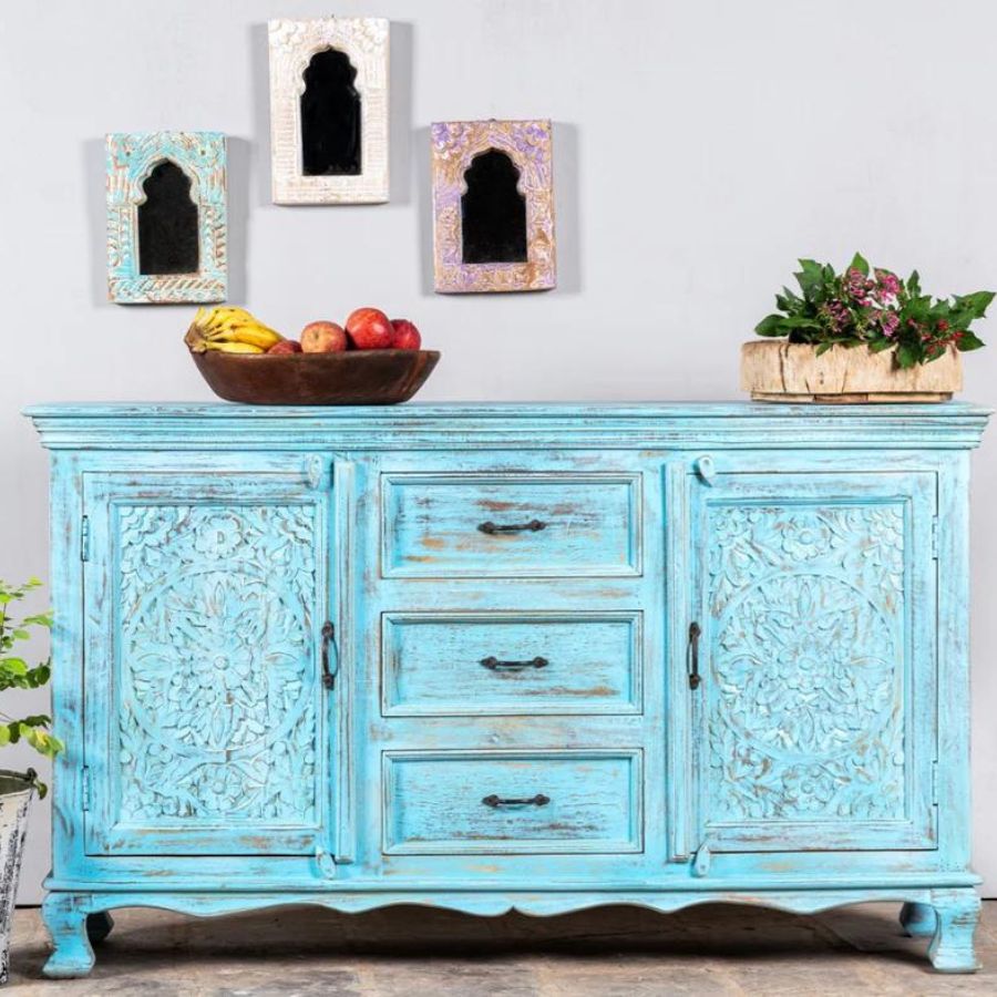 Floral Carved Sky Blue Finish Jodhpur Sideboard - NikTan Export