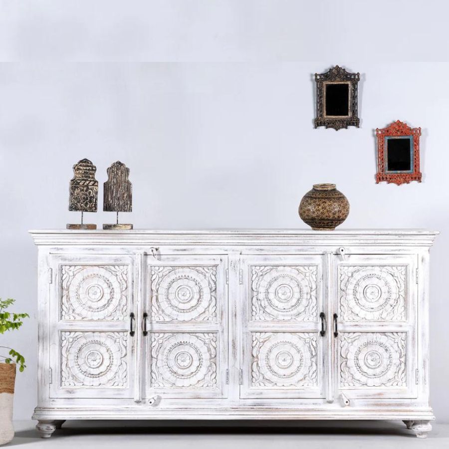 Hand Carved Floral Design Sideboard White Distressed - NikTan Export