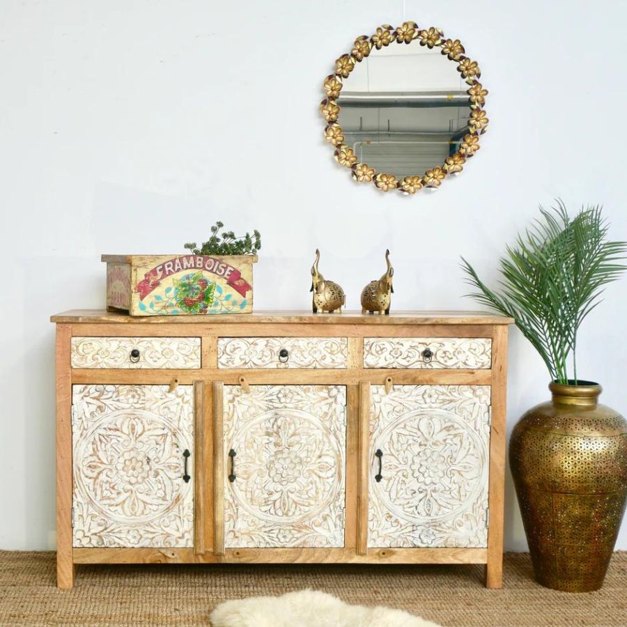 Floral Hand Carved Natural White Sideboard - NikTan Export