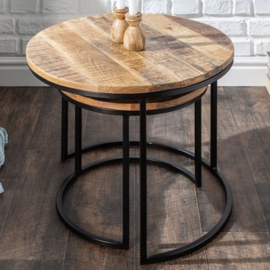 Industrial Set of 2 Side Tables ELEMENTS 57cm Mango Wood - NikTan Export