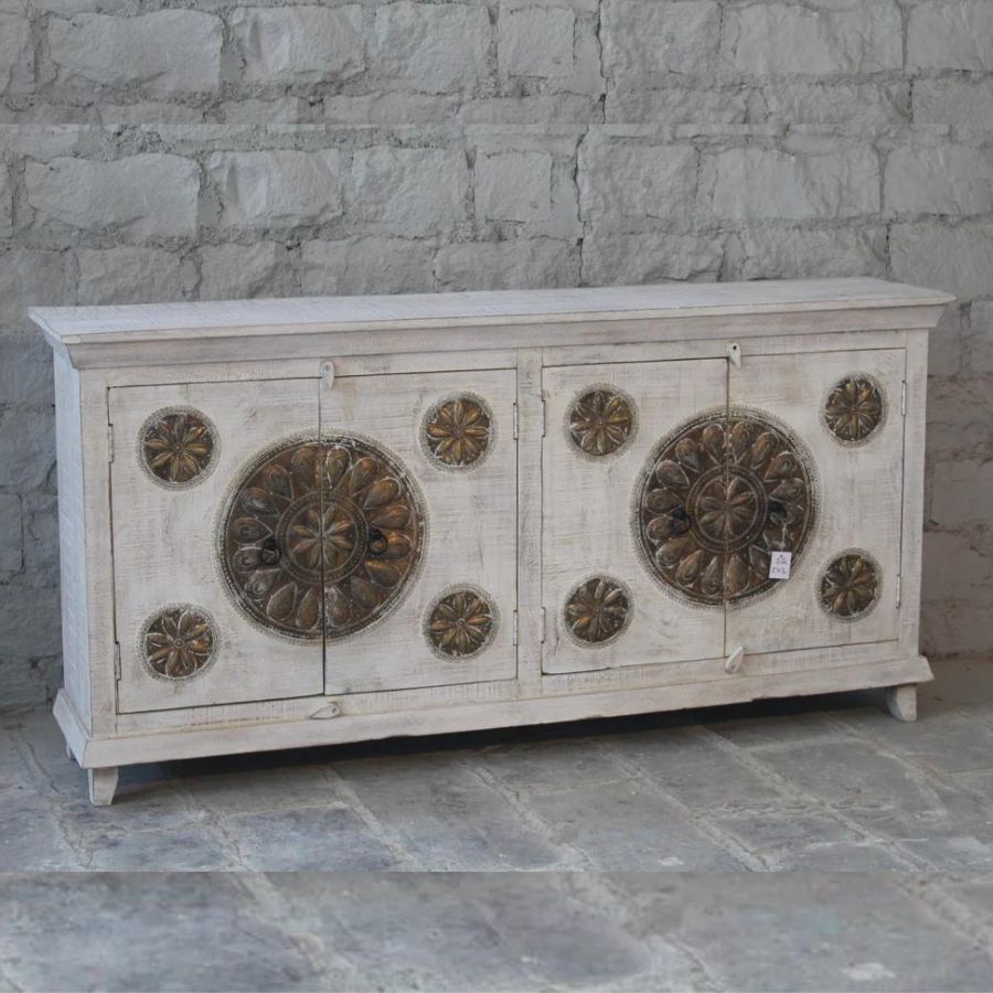 Brass Fitted White Distressed Sideboard - NikTan Export