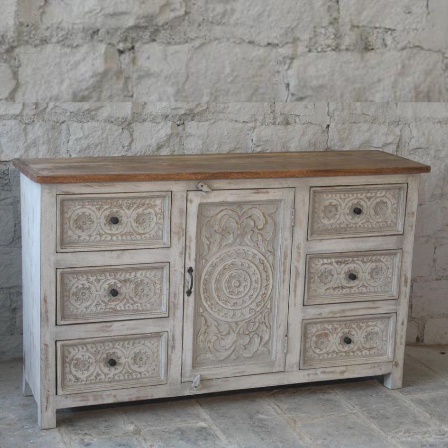 Hand Carved Floral Indian Sideboard - NikTan Export