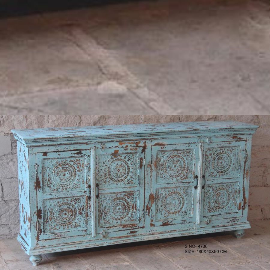 Ghera Style Carved Blue Antique Sideboard - NikTan Export