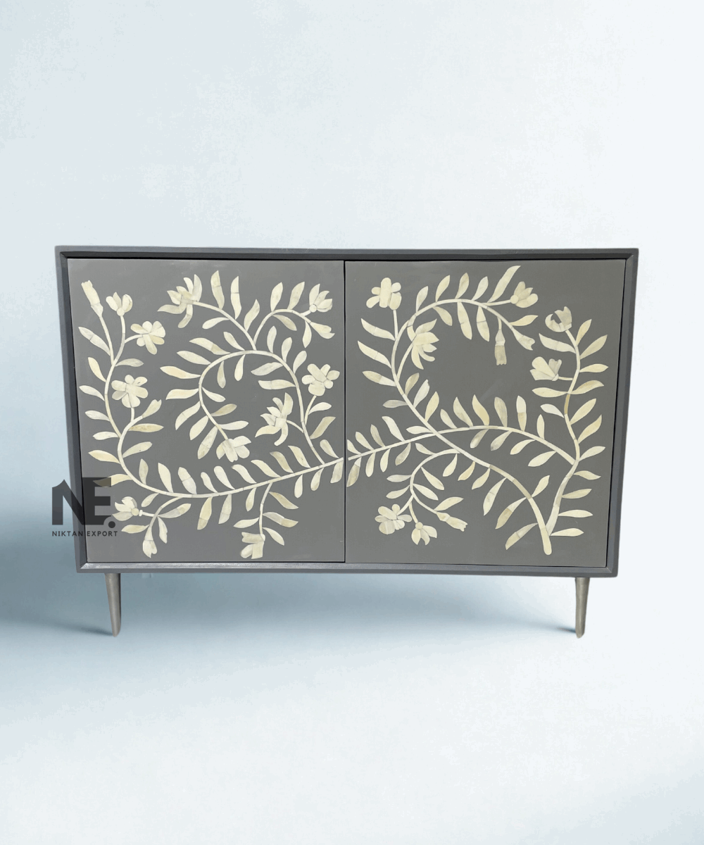 Front view of bone inlay chest of drawers with 2-door cabinet