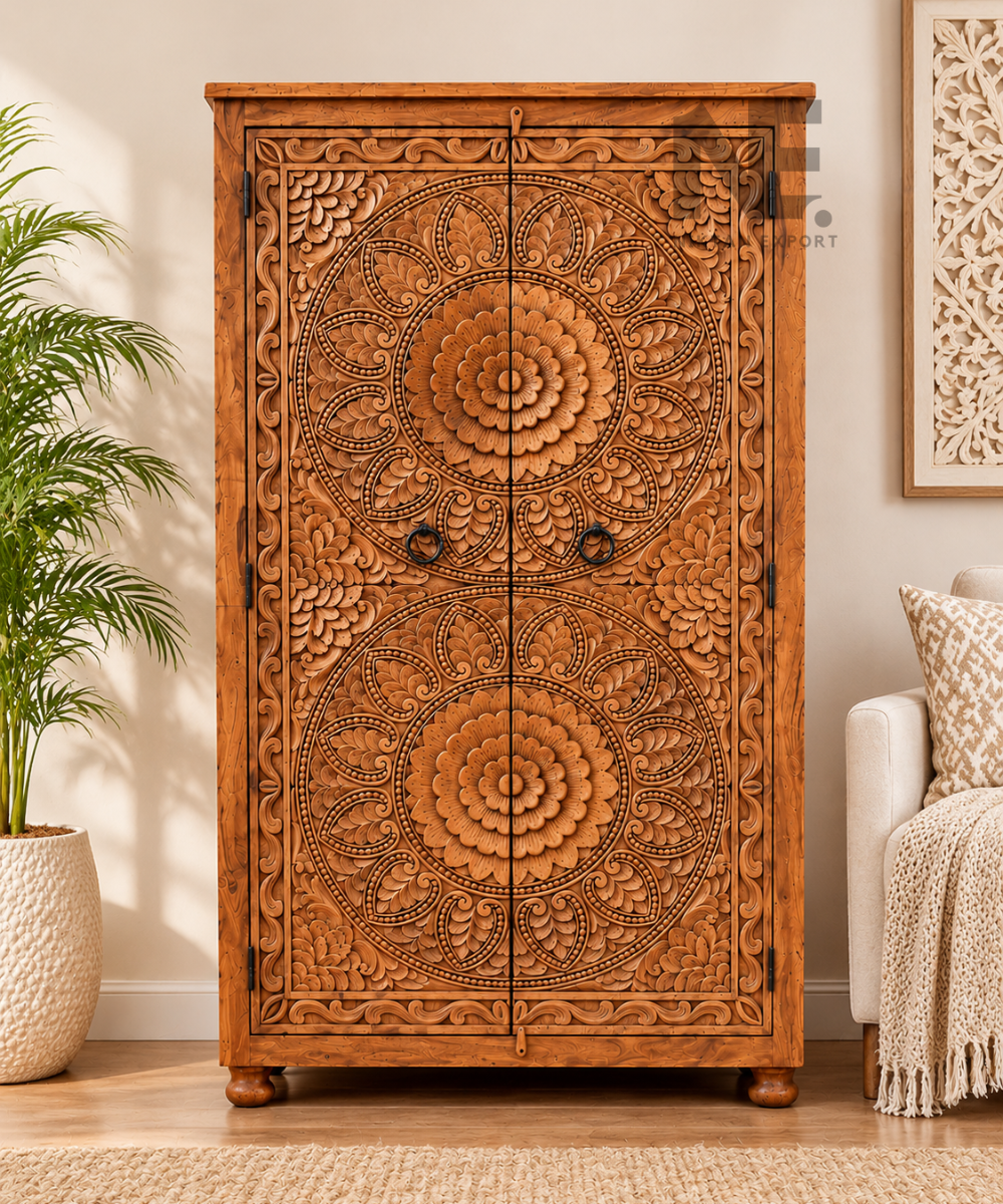 Hand-carved wooden armoire with floral mandala door design