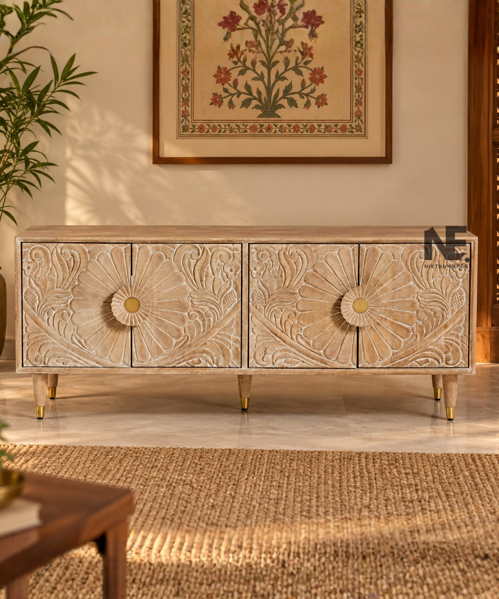 Floral carved wooden sideboard with four decorative panels