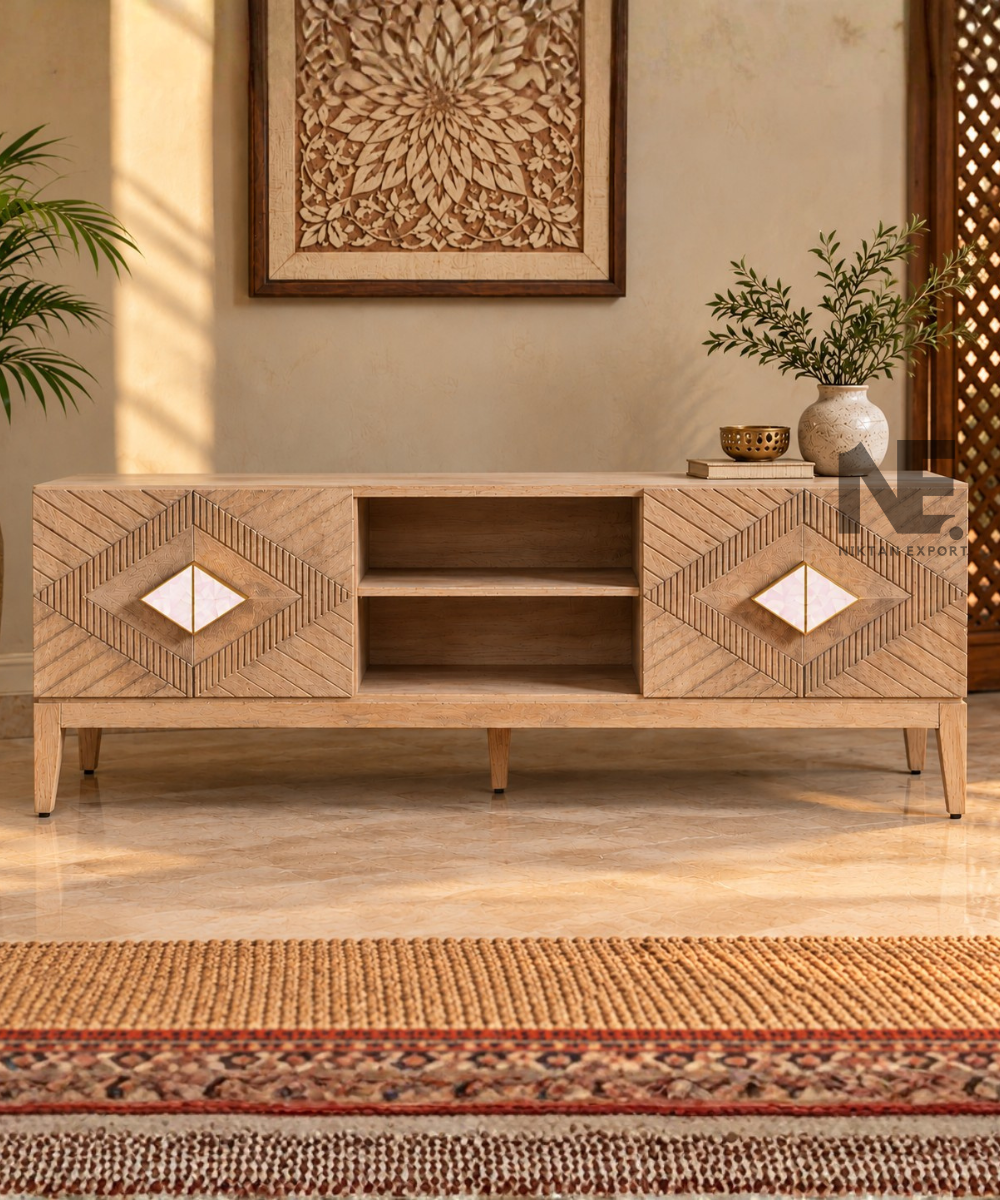 Front view of a natural wood geometric TV stand