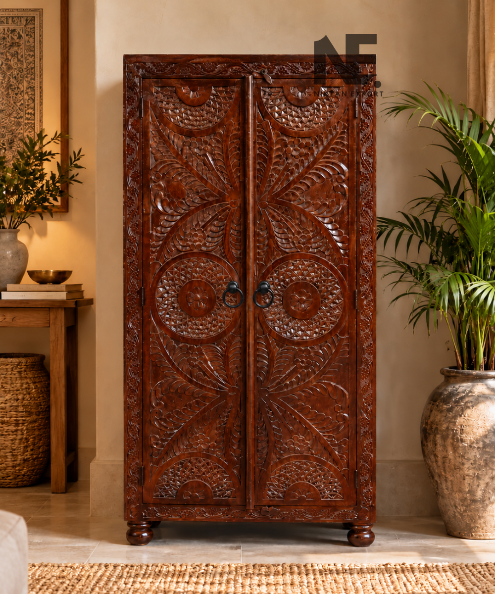 Dark brown carved wooden armoire wardrobe with two decorative doors