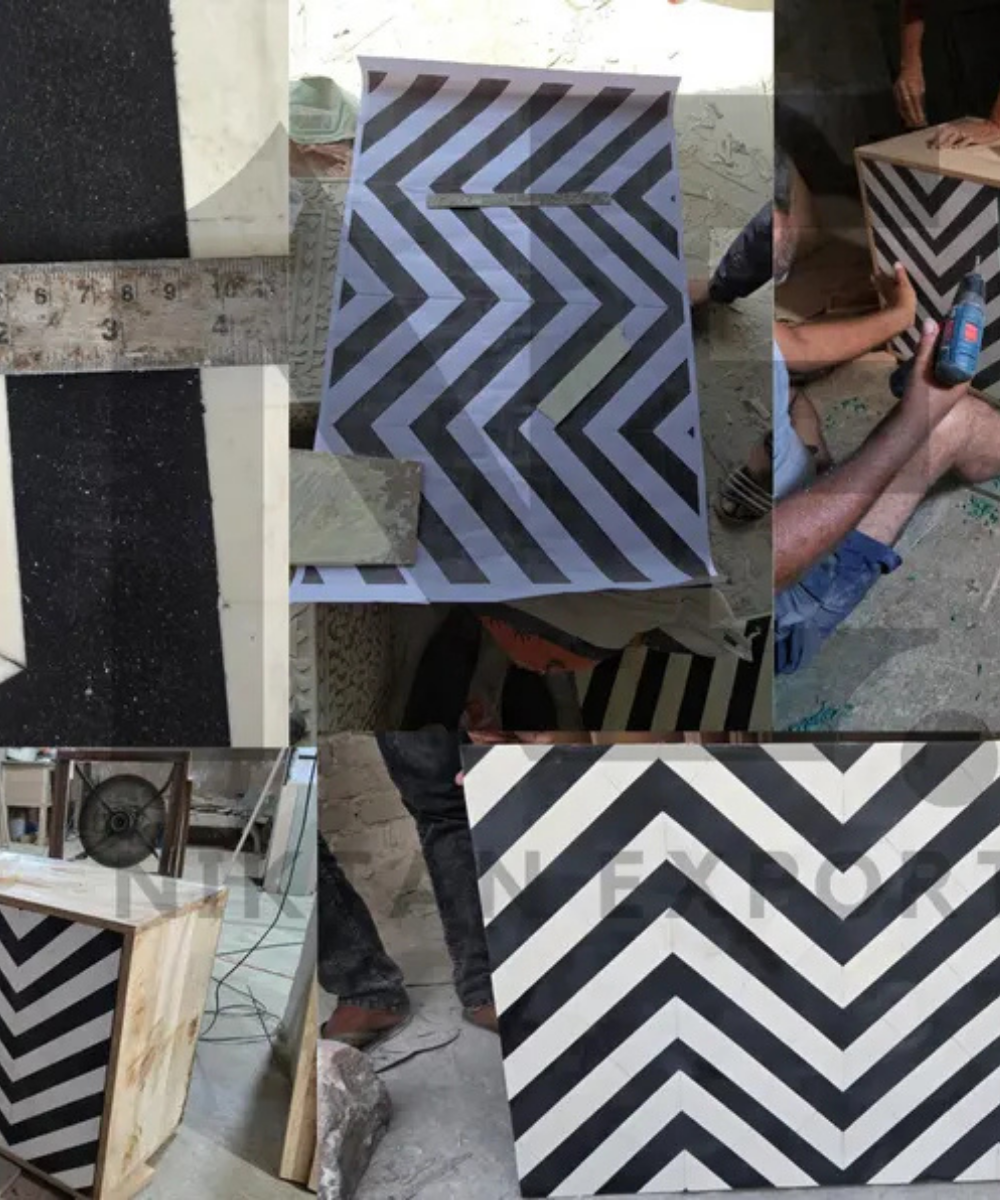 Black and white inlay storage cabinet
