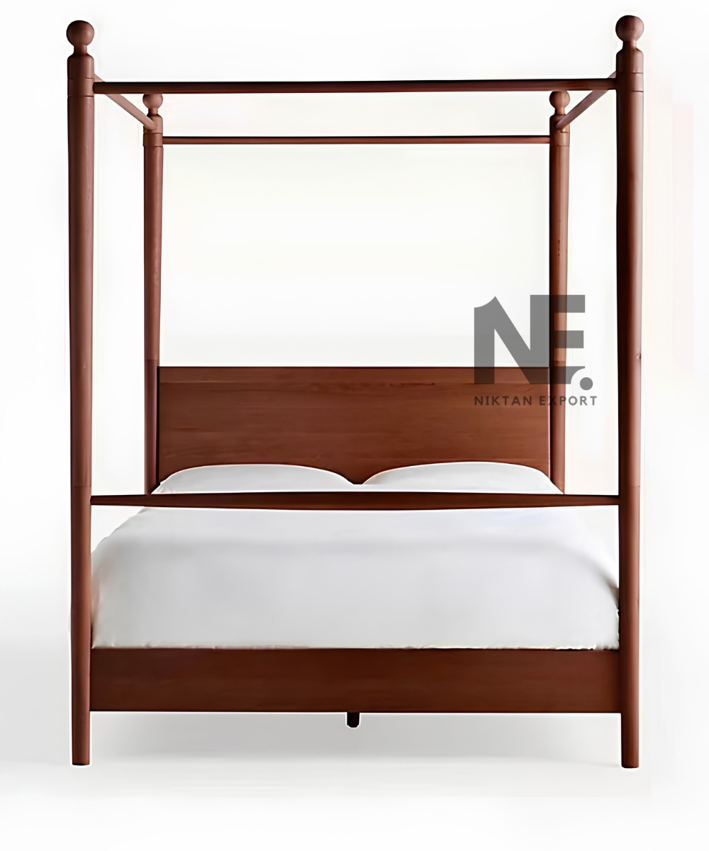 Light oak canopy bed with rounded ball-top posts