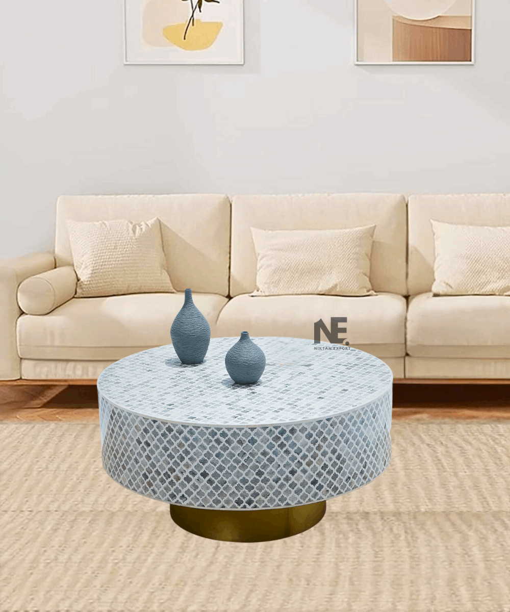Floral Bone Inlay Coffee Table with Gold Base – Front View
