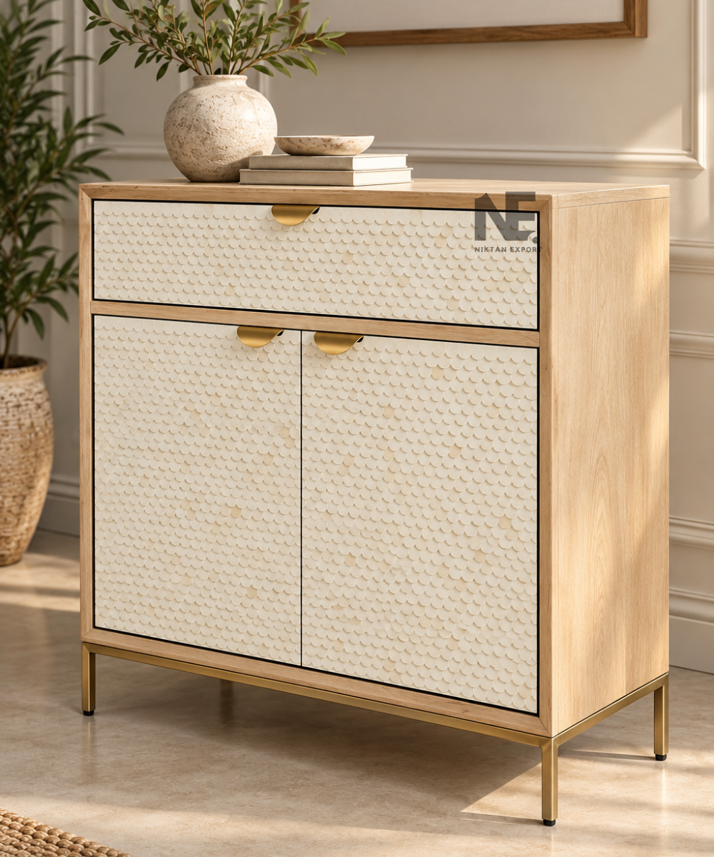 Front view of cream cabinet with textured scalloped doors