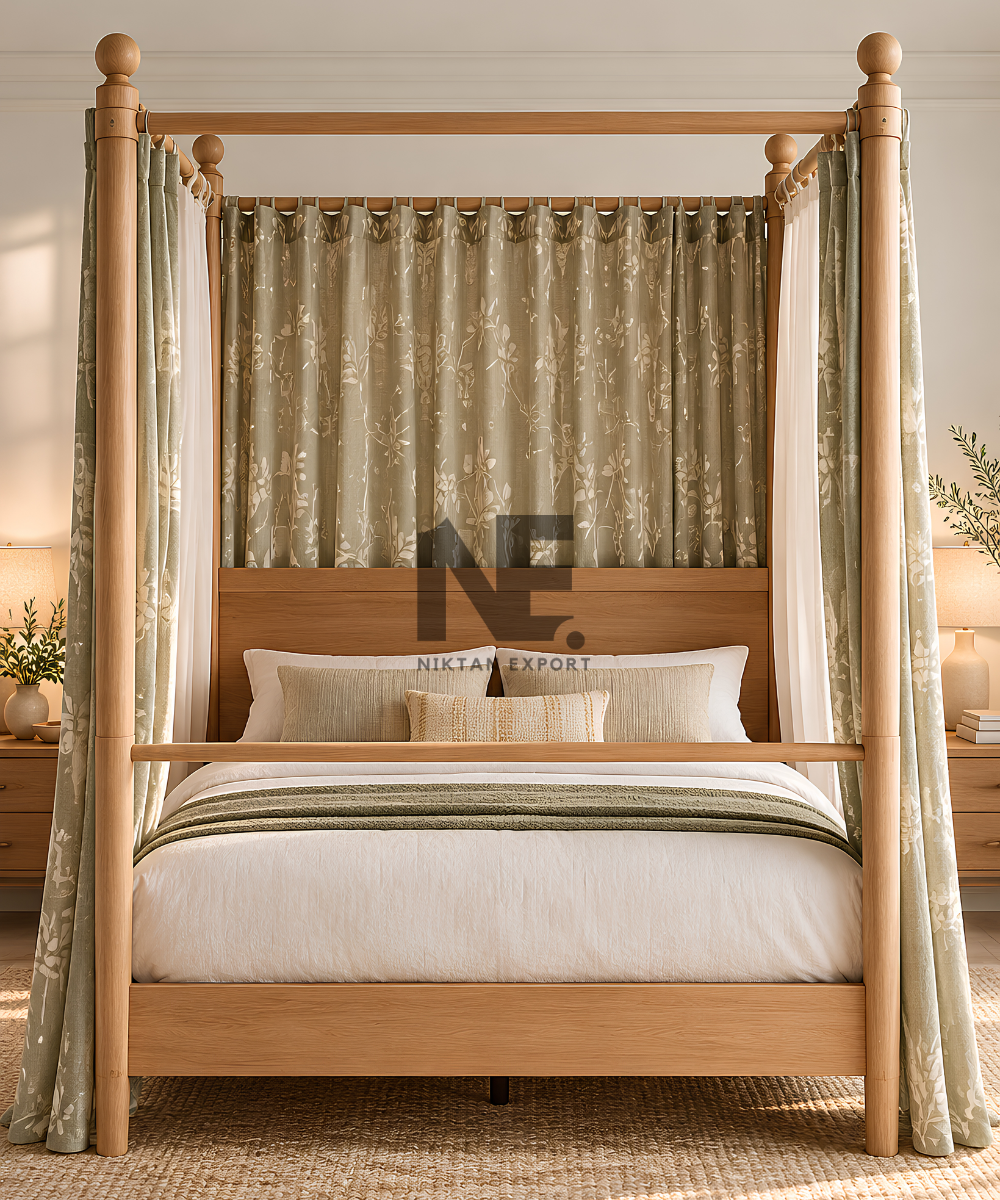 Side angle of a light oak wooden four poster bed