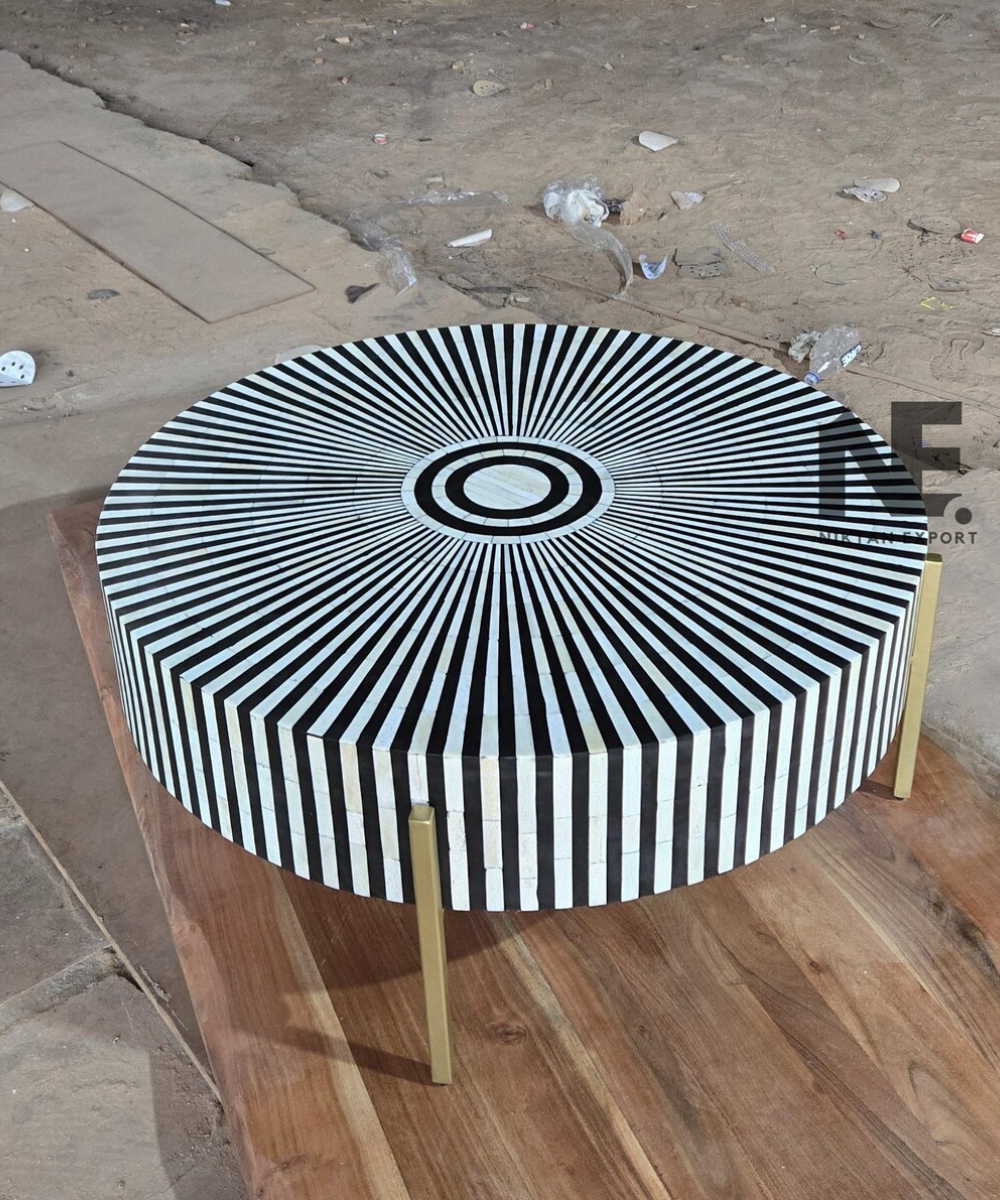 Radial Stripe Bone Inlay Round Coffee Table  Handmade Geometric Furniture