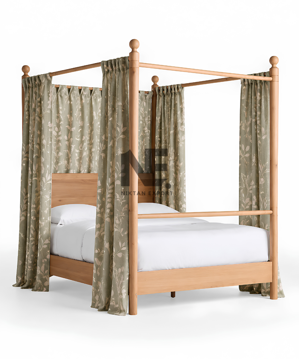 Detail of rounded wooden finial on an oak canopy bed