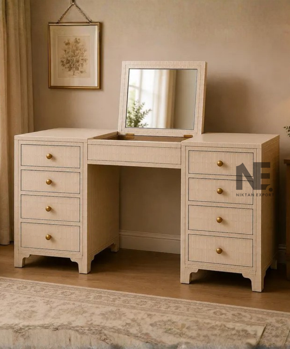 Bone inlay vanity desk with lift top mirror