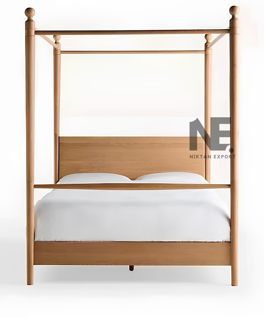 Light oak canopy bed with decorative botanical curtains