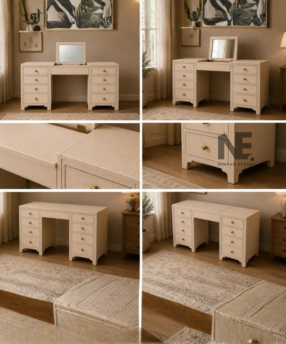 Bone inlay makeup vanity with eight drawers