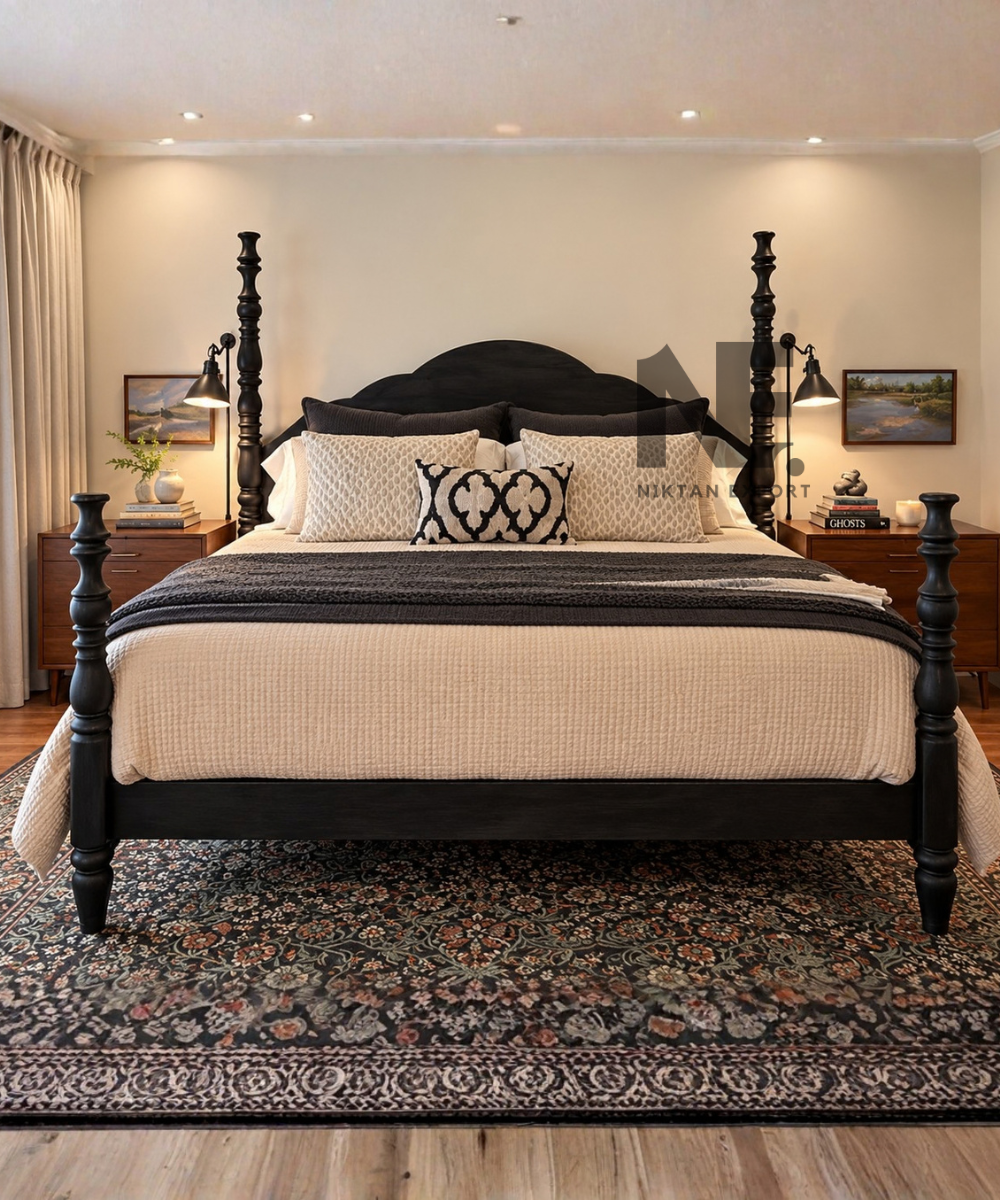 Black oak wood four poster bed with scalloped headboard

