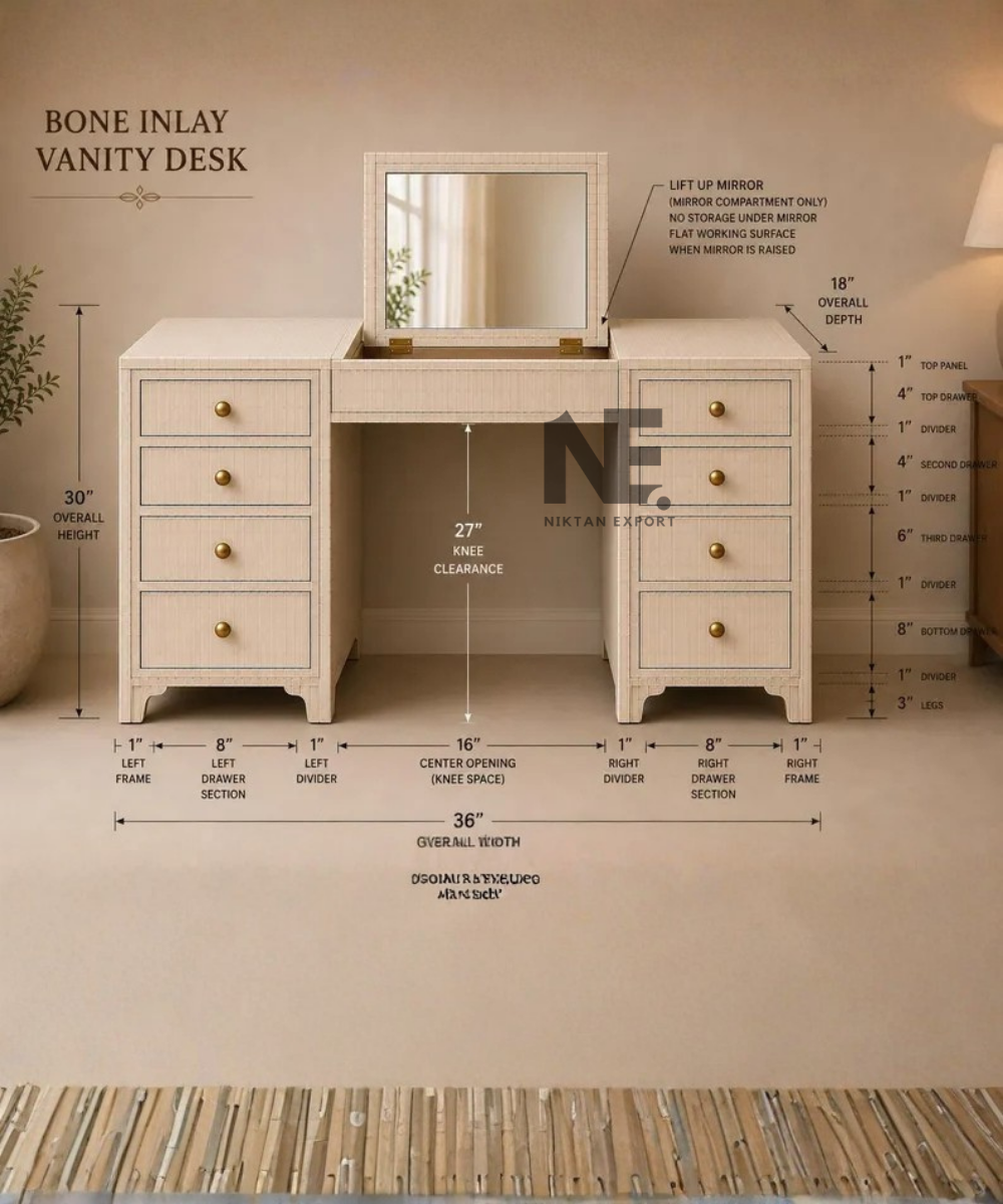 Lift top mirror bone inlay vanity