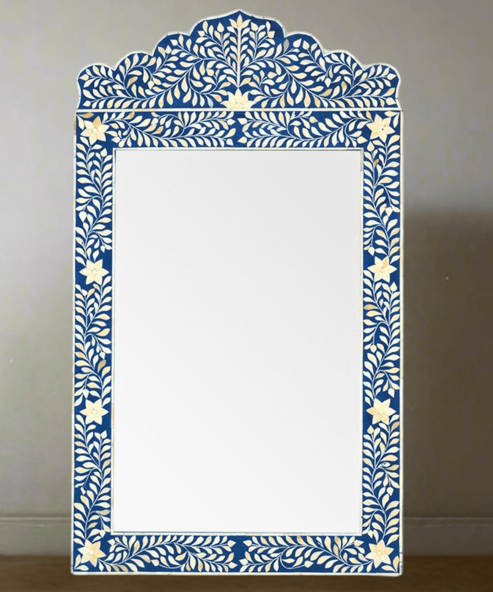 Niktan Export Bone Inlay Floral Design Mirror Frame in Blue Color - NikTan Export