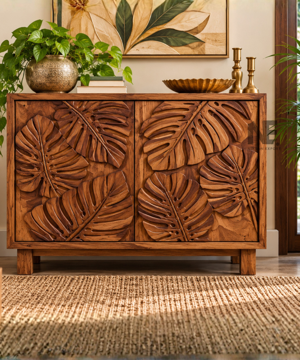Custom carved mango wood cabinet in rich brown finish