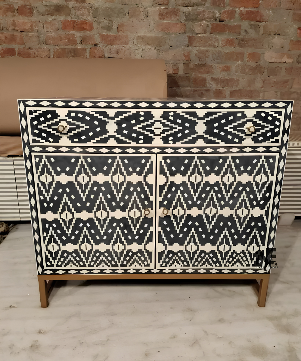 Handmade Ikat bone inlay storage cabinet