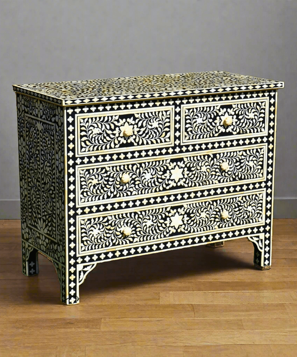 Niktan Export Black Genuine Bone Inlay Chest of Drawers Sideboard - NikTan Export