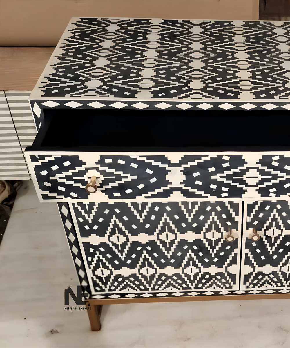 Ikat pattern bone inlay furniture