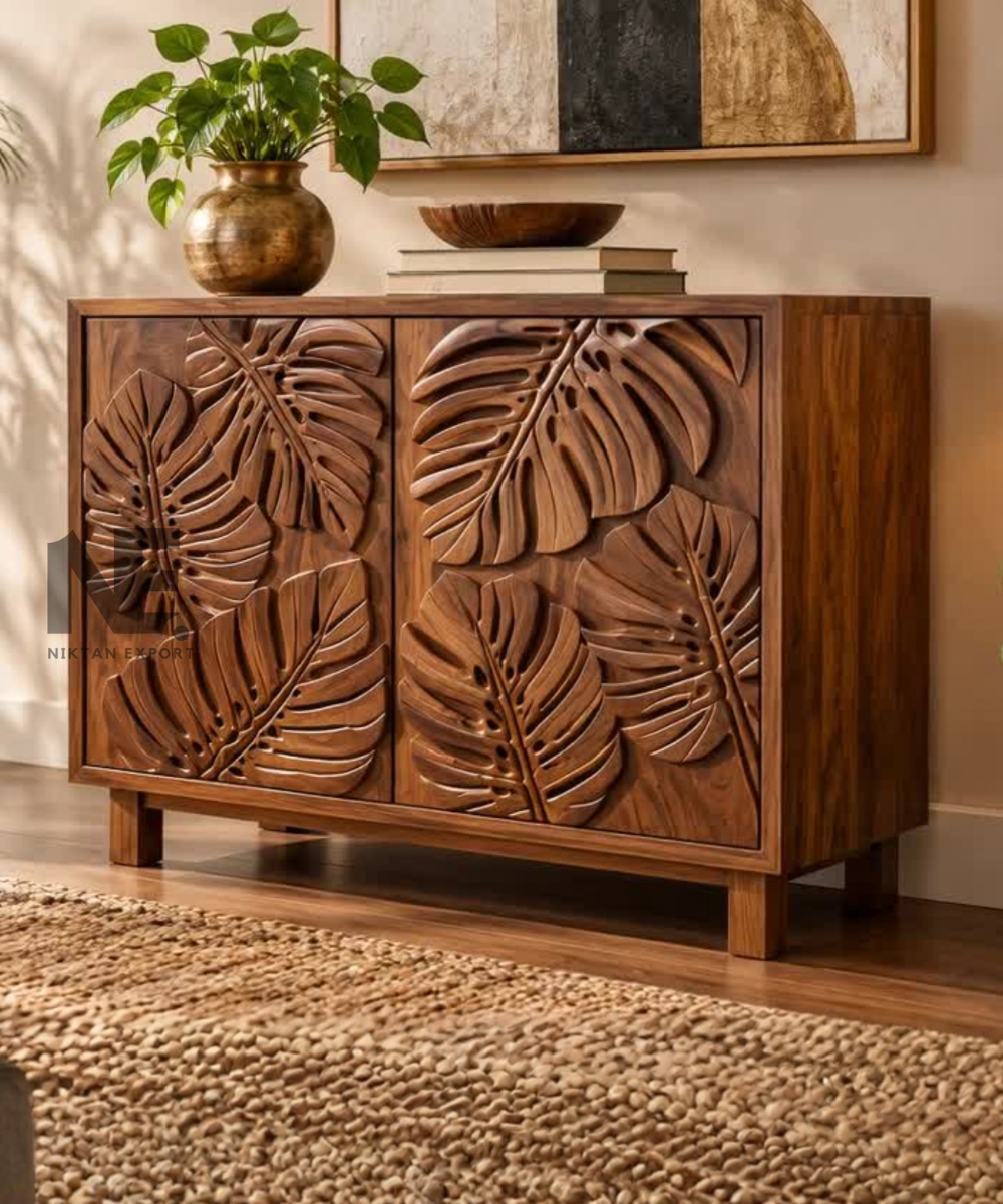 Push-to-open door detail on mango wood storage cabinet