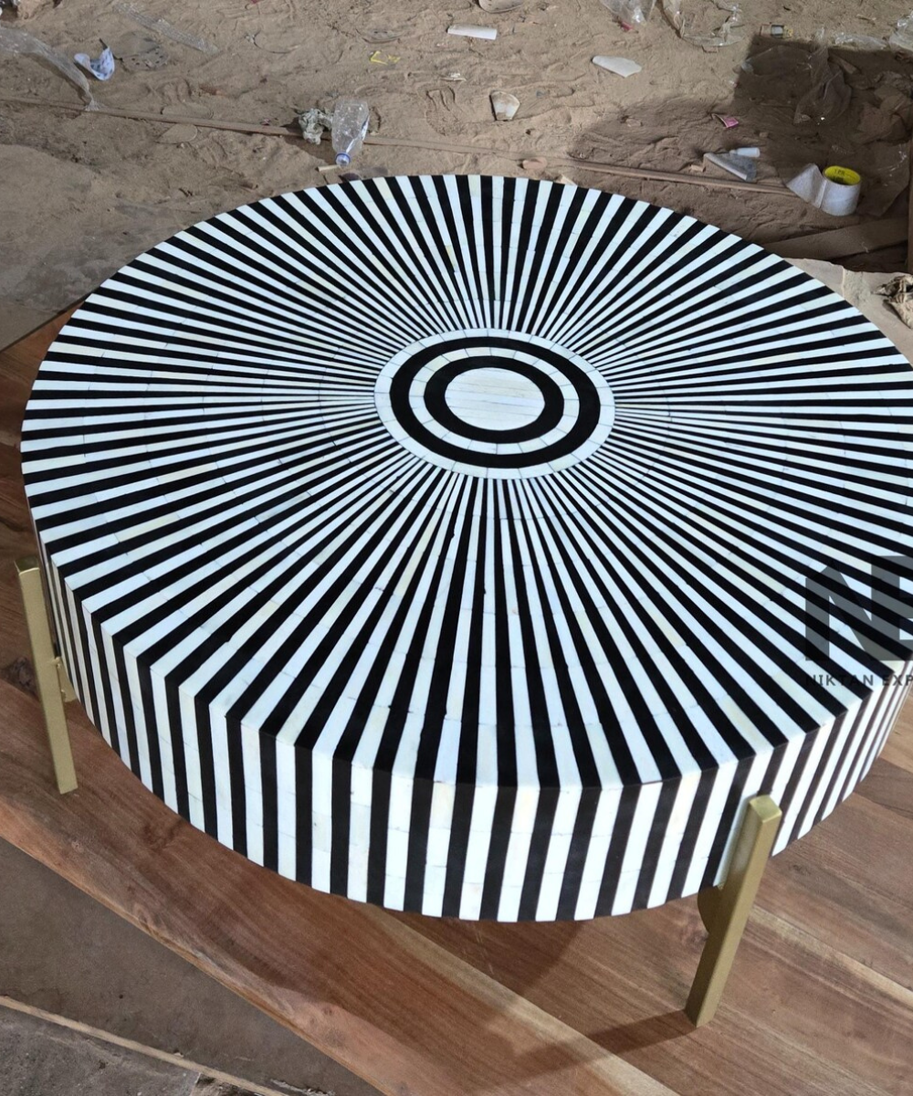 Radial Stripe Bone Inlay Round Coffee Table  Handmade Geometric Furniture