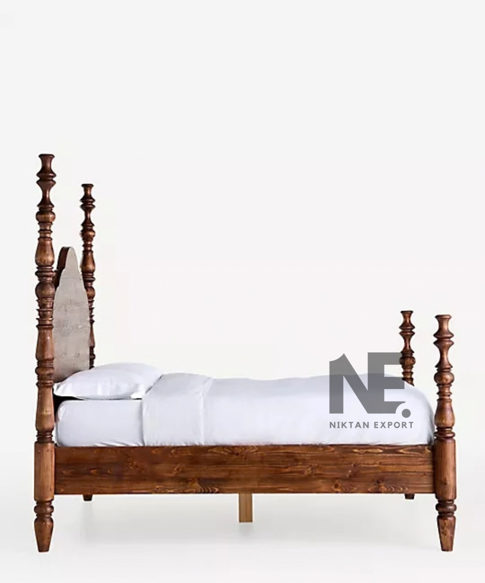 Black traditional bed frame in a minimalist studio