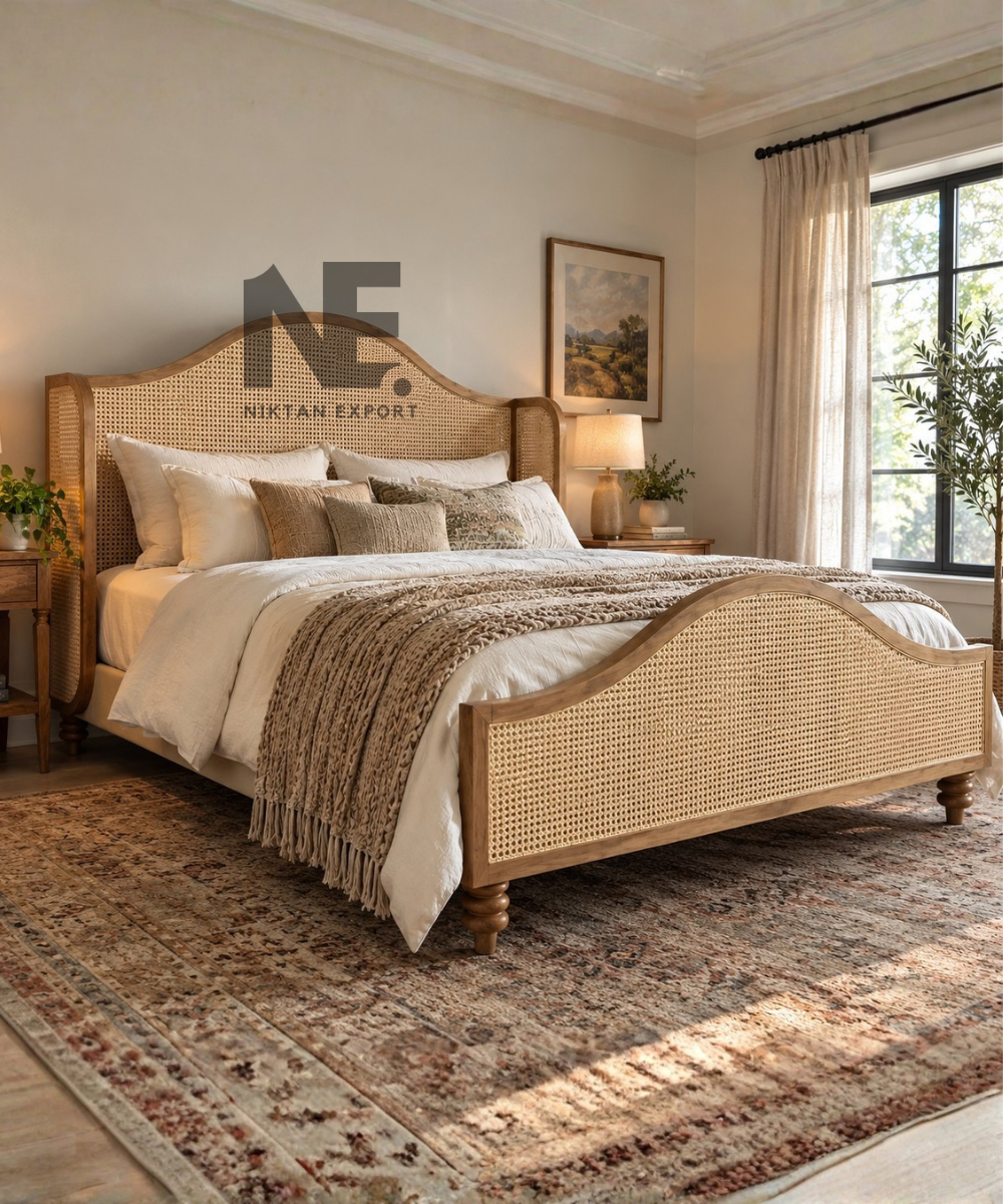 Front view of a natural wood bed with woven cane panels