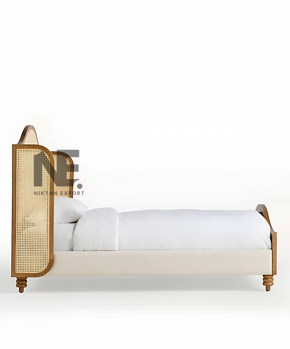 Woven cane detailing on an oak wood bed