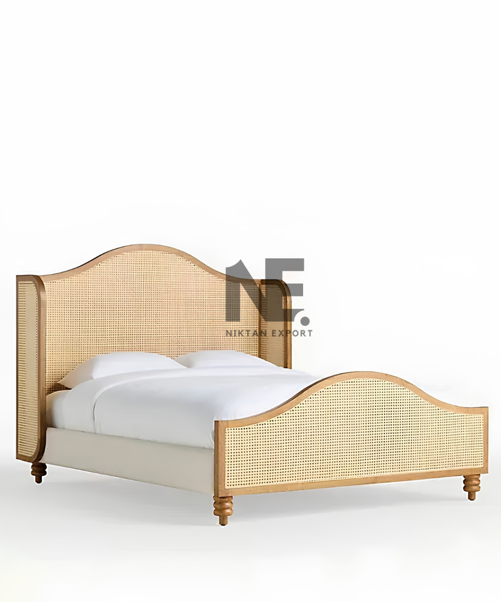 Natural brown cane bed frame with curved headboard