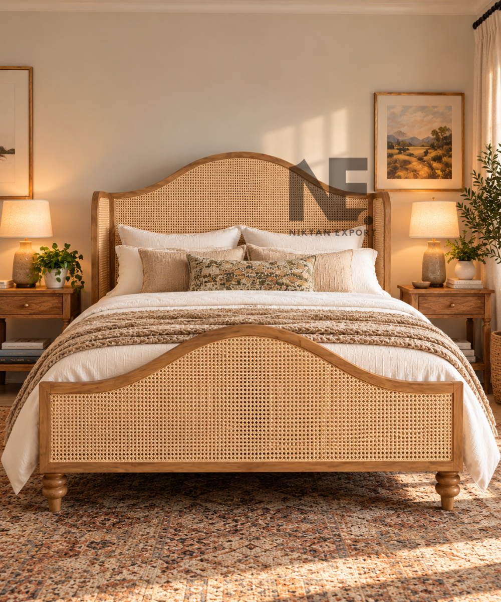 Oak wood cane bed with curved headboard and footboard