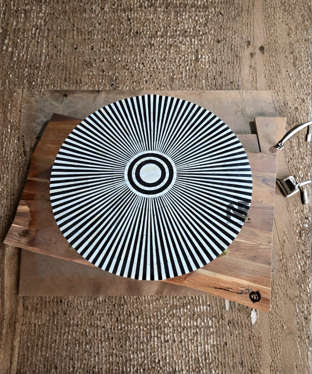 Radial Stripe Bone Inlay Round Coffee Table  Handmade Geometric Furniture