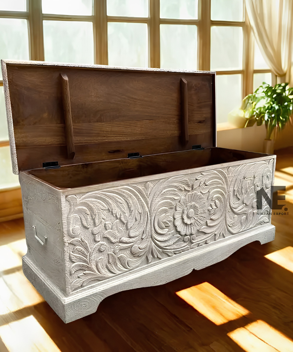 Carved mango wood entryway bench with table