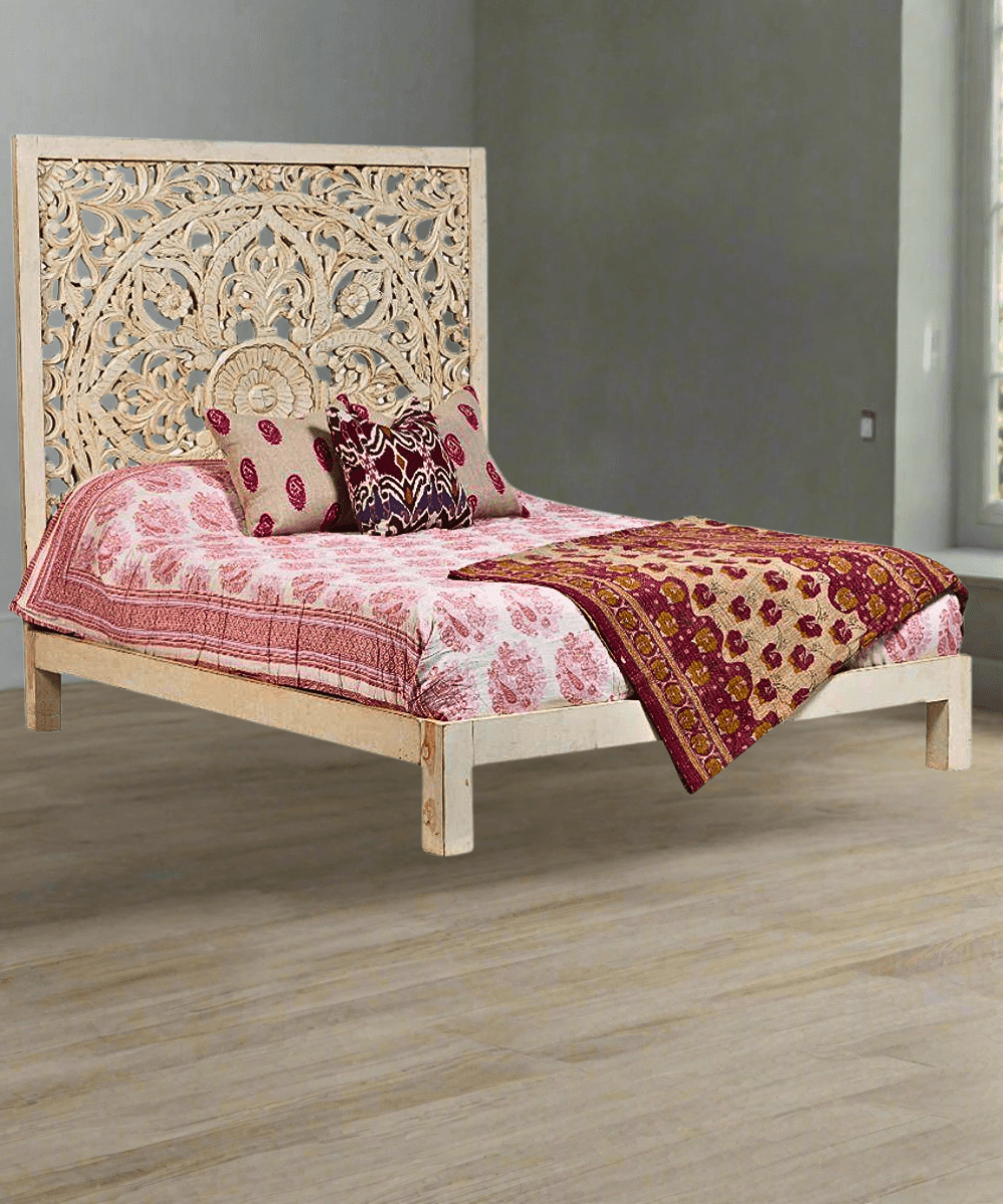 Niktan Export Elegant Solid Wood Carved Designer Bed in Antique - NikTan Export