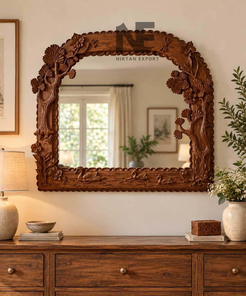 Hand-carved wooden wall mirror with floral and bird motifs