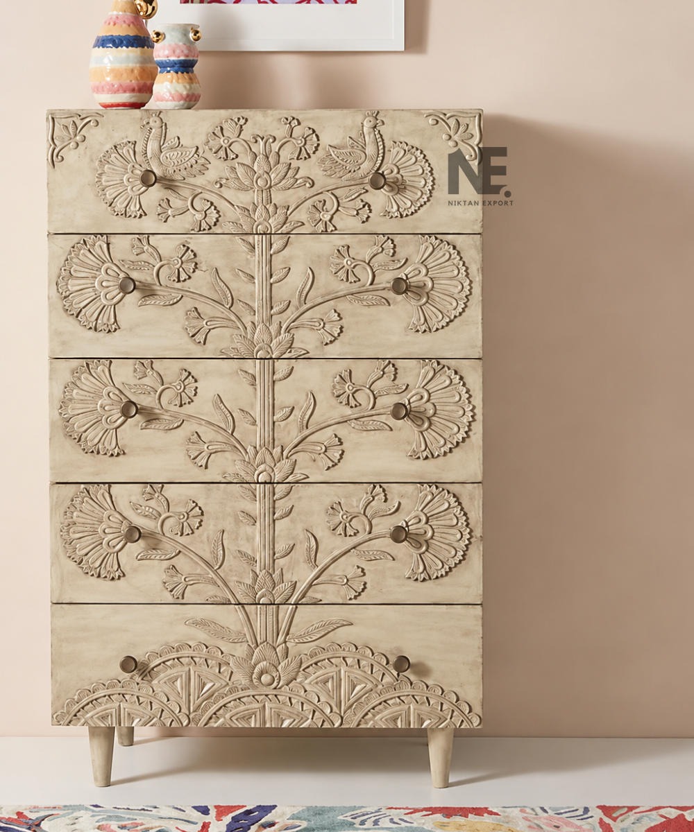 Hand-carved wooden chest of drawers in ivory beige