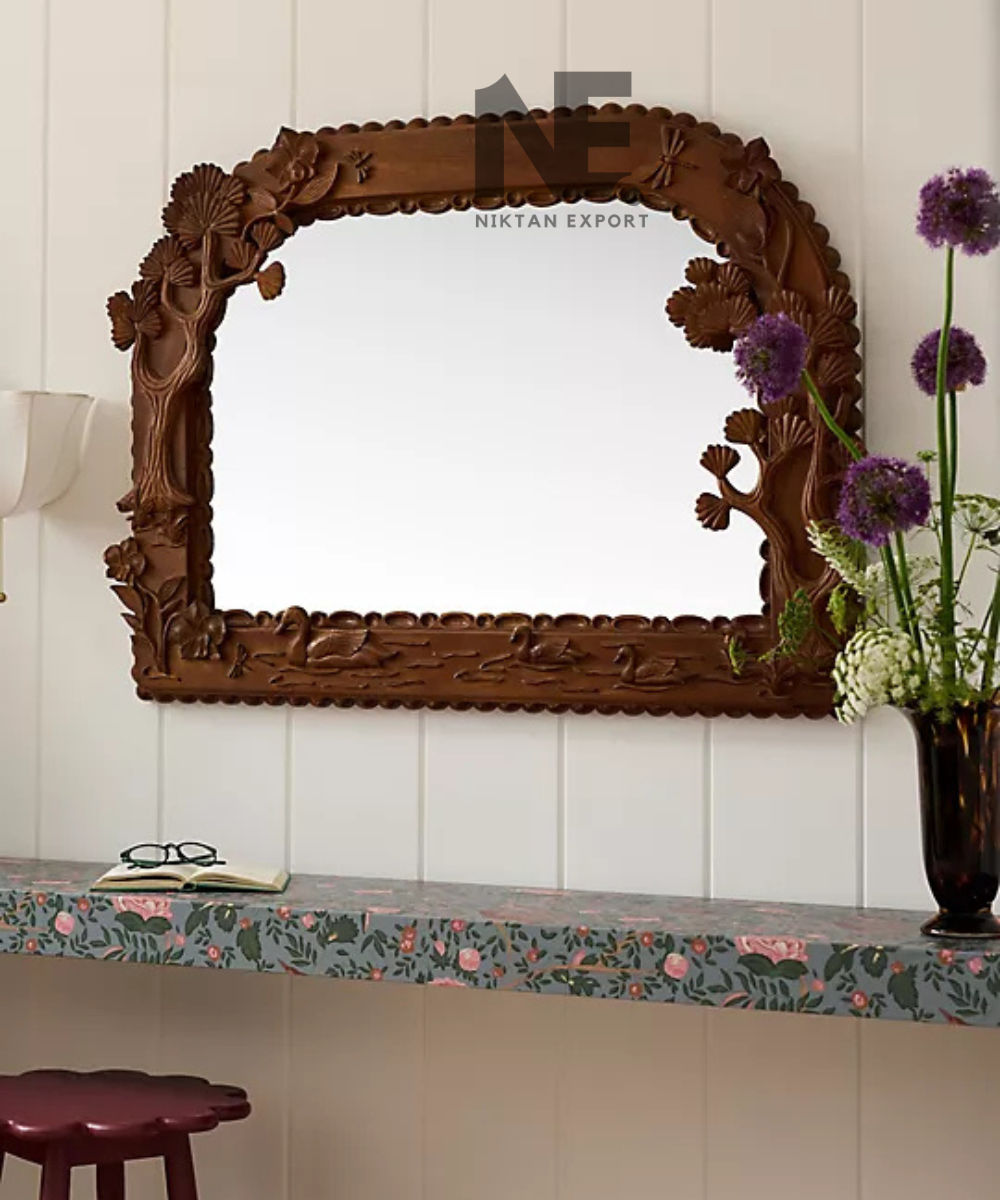 Decorative wooden mirror with intricate floral carvings