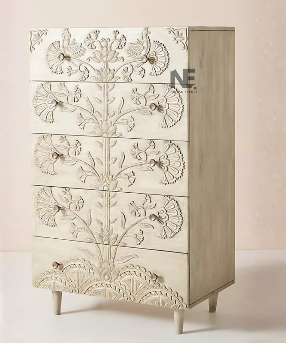 Front view of tall carved chest of drawers with floral design