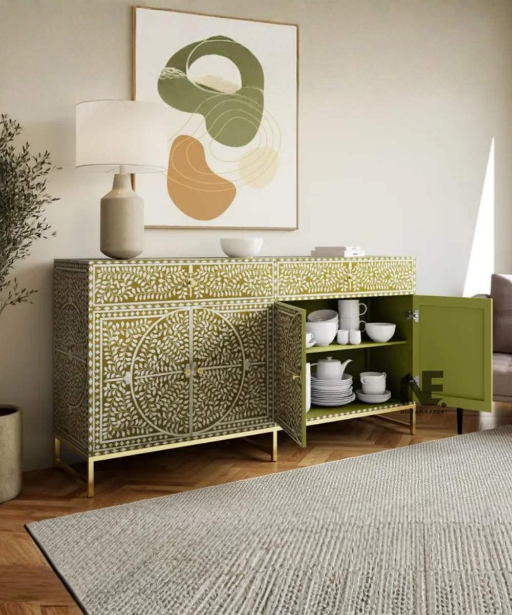 Scroll vine bone inlay sideboard