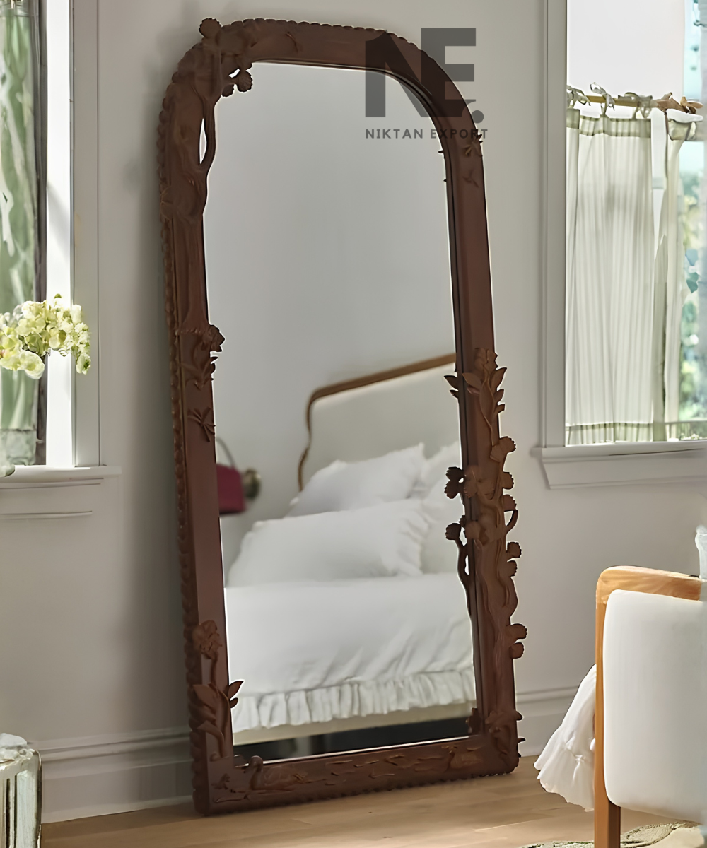 Hand-Carved Wooden Floor Mirror Floral Arched Full-Length Mirror