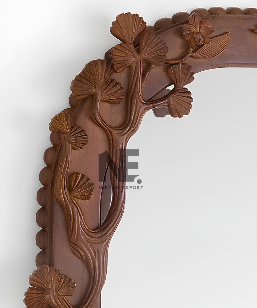 Hand-Carved Wooden Floor Mirror Floral Arched Full-Length Mirror