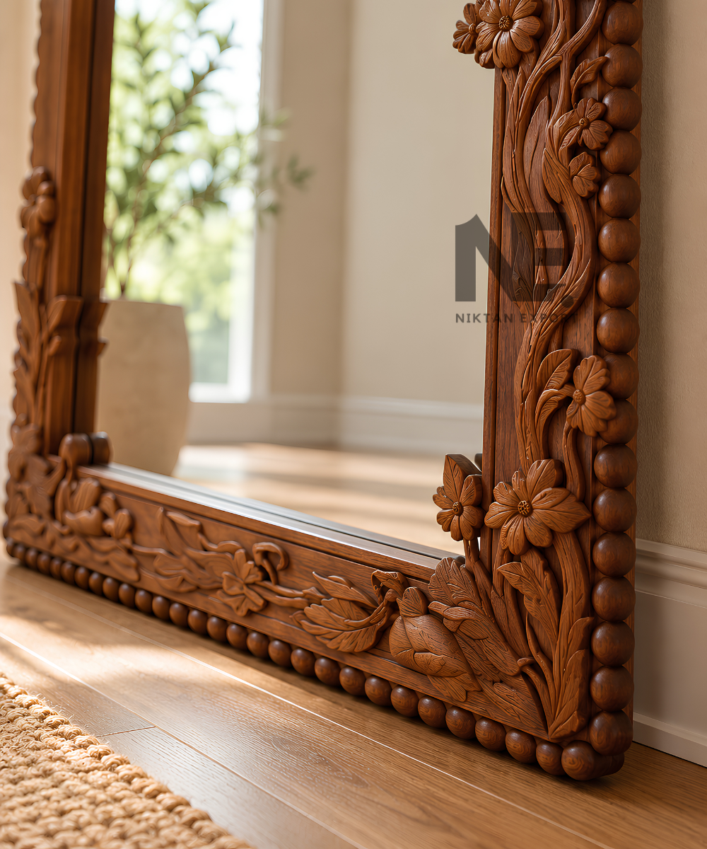Hand-Carved Wooden Floor Mirror Floral Arched Full-Length Mirror