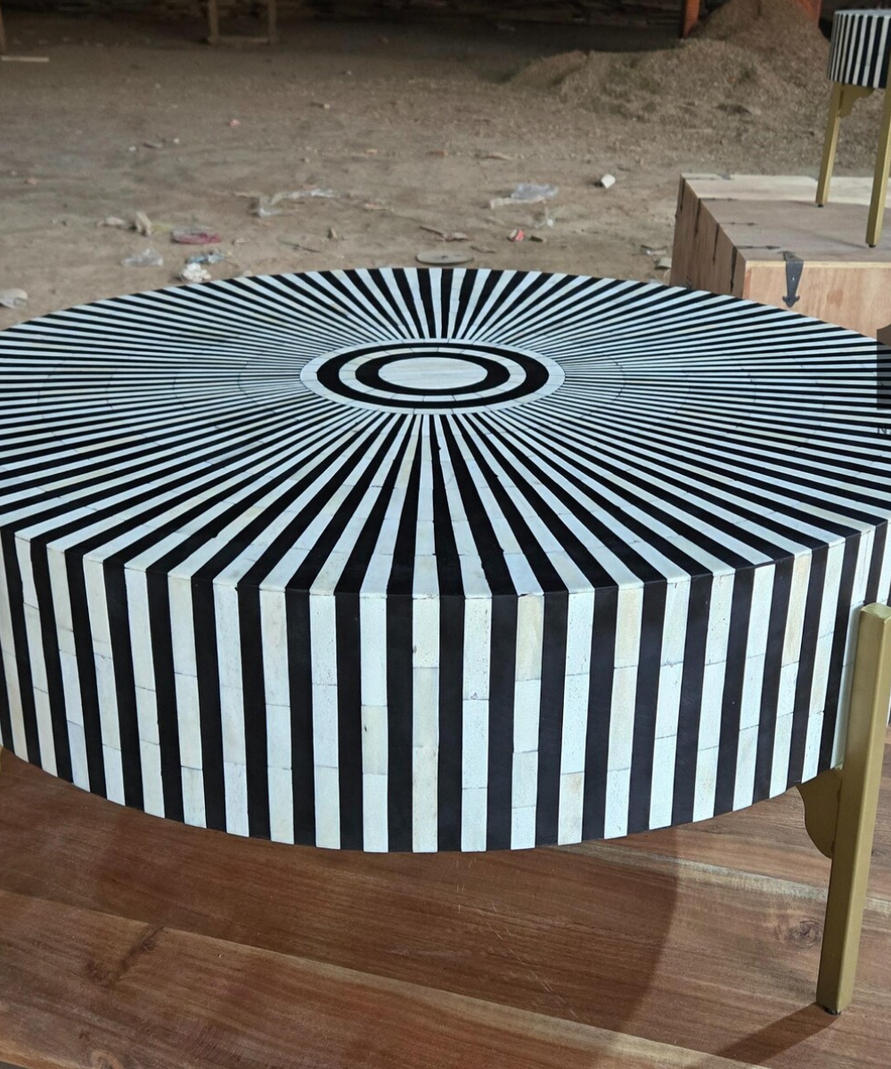 Radial Stripe Bone Inlay Round Coffee Table  Handmade Geometric Furniture